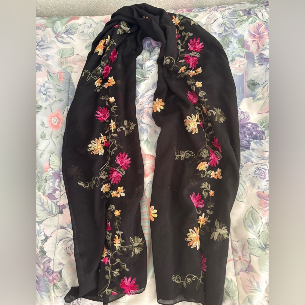 & Other Stories Black Scarf with Pink and Yellow Floral Embroidery